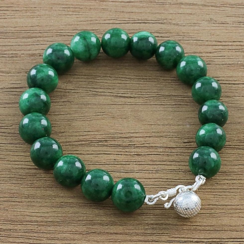 Green Quartz Beaded Bracelet with Bell from Thailand 'Voice of the Jungle'