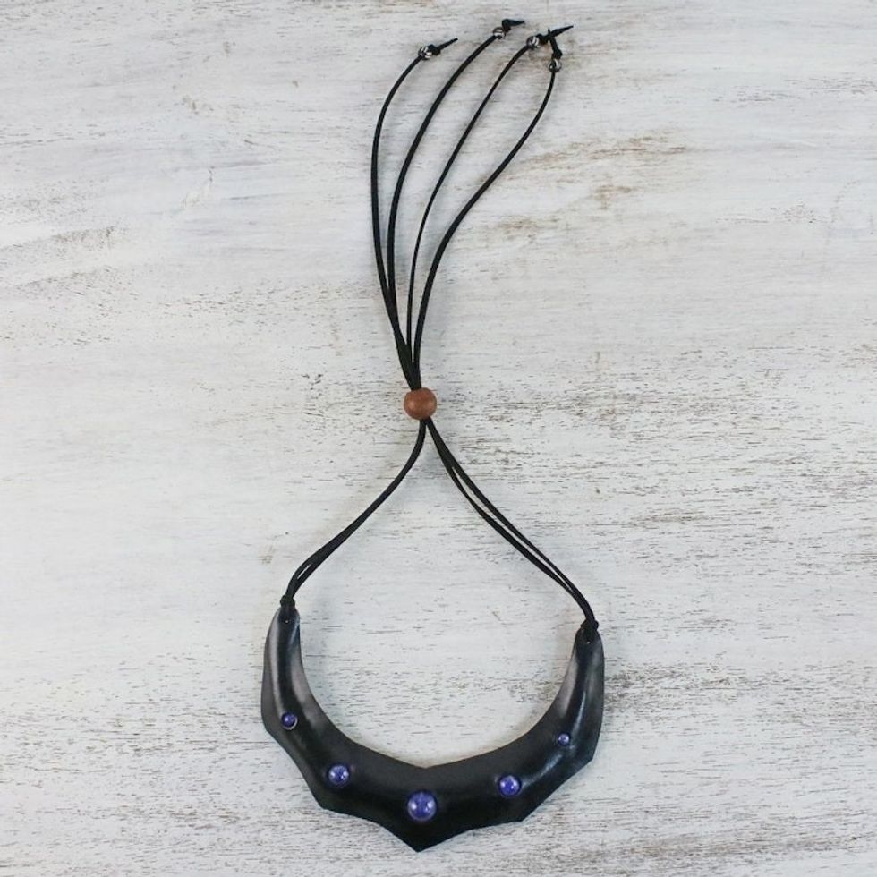 Lapis Lazuli and Leather Adjustable Pendant Necklace 'Natural Flair'