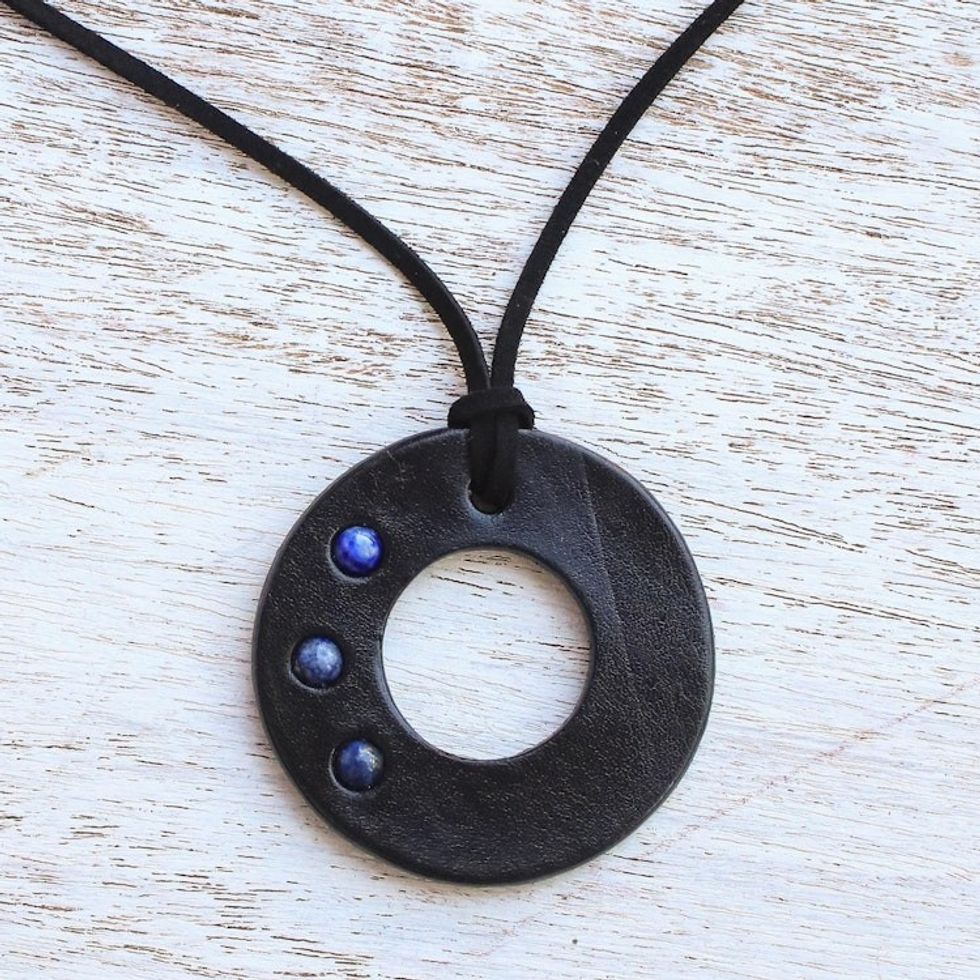 Handcrafted Lapis Lazuli and Leather Necklace from Thailand 'Lucky Ring'