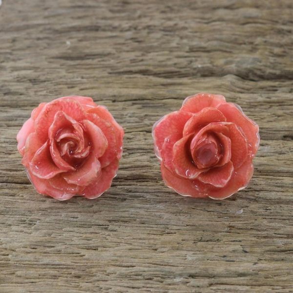 Alternate image for Natural Rose Button Earrings in Pink from Thailand Flowering Passion in Pink