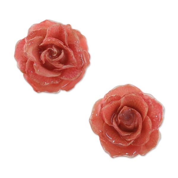Alternate image for Natural Rose Button Earrings in Pink from Thailand Flowering Passion in Pink