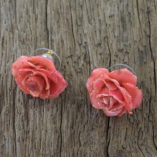 Alternate image for Natural Rose Button Earrings in Pink from Thailand Flowering Passion in Pink