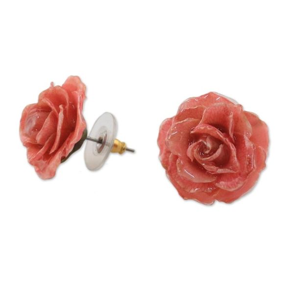 Alternate image for Natural Rose Button Earrings in Pink from Thailand Flowering Passion in Pink