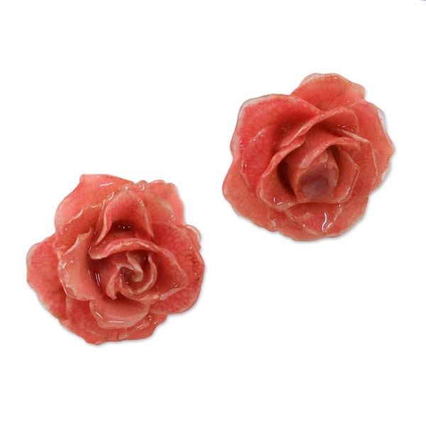 Alternate image for Natural Rose Button Earrings in Pink from Thailand Flowering Passion in Pink