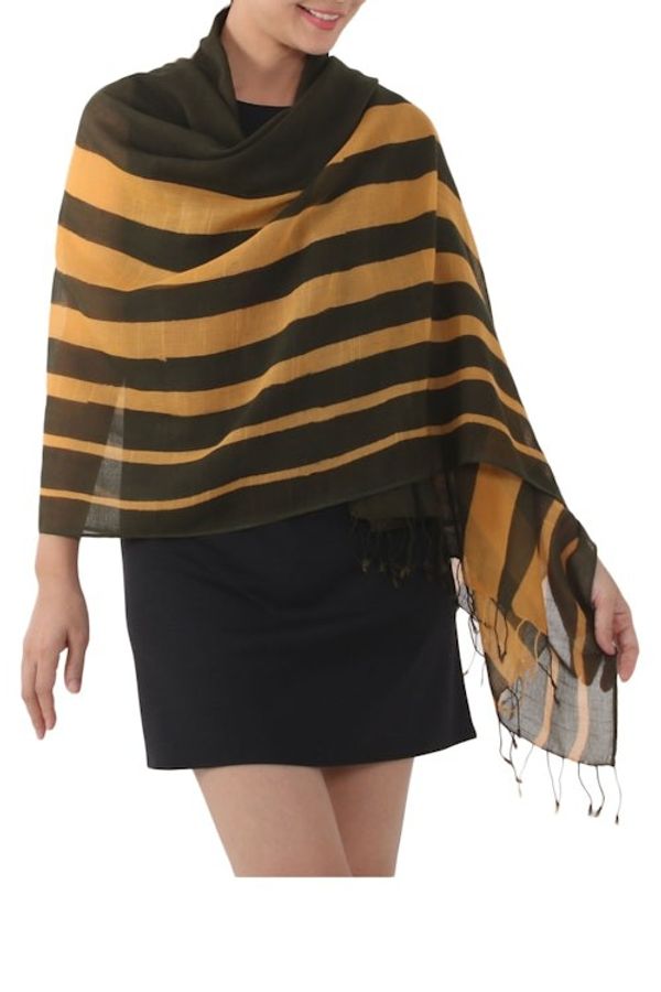 Alternate image for Handwoven Striped Cotton Shawl in Amber from Thailand Cool Stripes in Amber