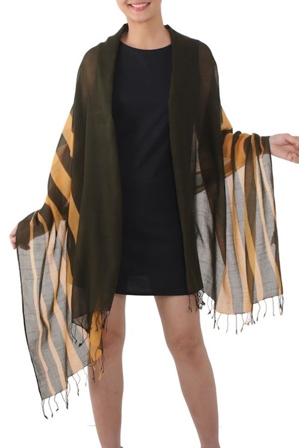 Alternate image for Handwoven Striped Cotton Shawl in Amber from Thailand Cool Stripes in Amber