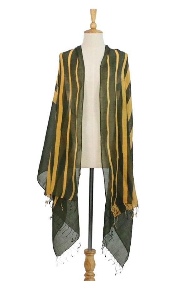 Alternate image for Handwoven Striped Cotton Shawl in Amber from Thailand Cool Stripes in Amber