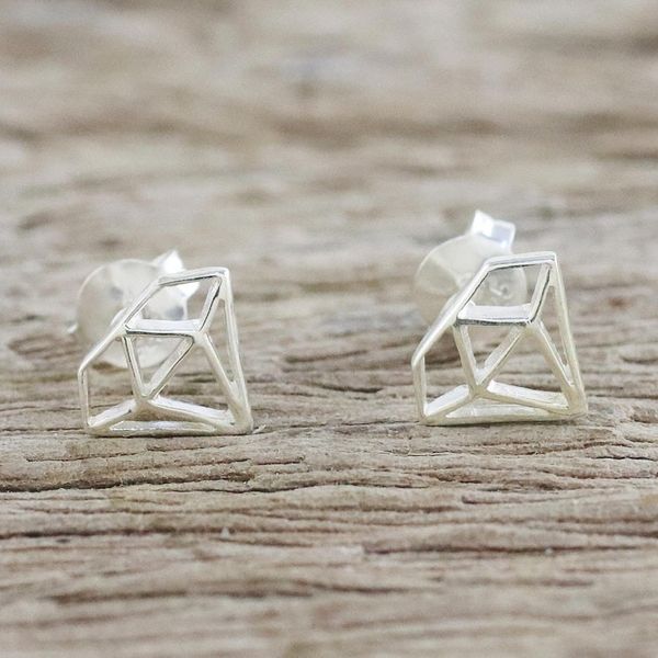 Alternate image for Handcrafted Sterling Silver Diamond Shape Stud Earrings Diamond Delight