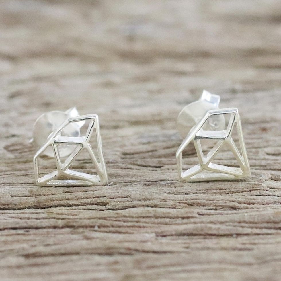 Handcrafted Sterling Silver Diamond Shape Stud Earrings 'Diamond Delight'