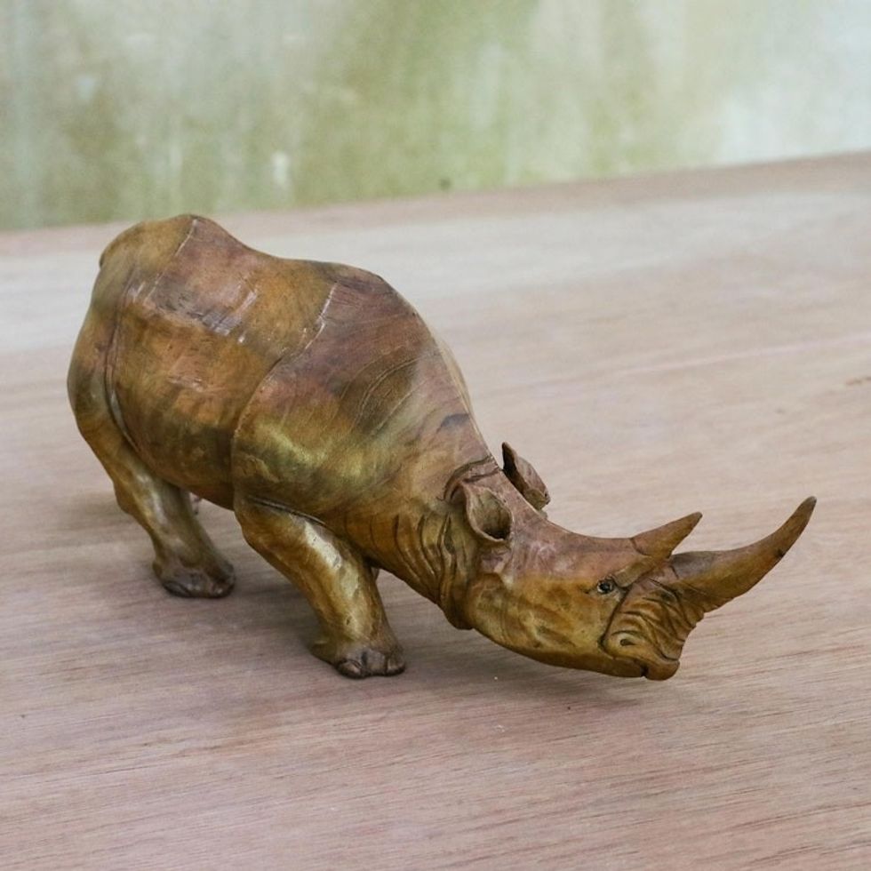 Artisan Crafted Raintree Wood Rhino Sculpture 'Observant Rhino'