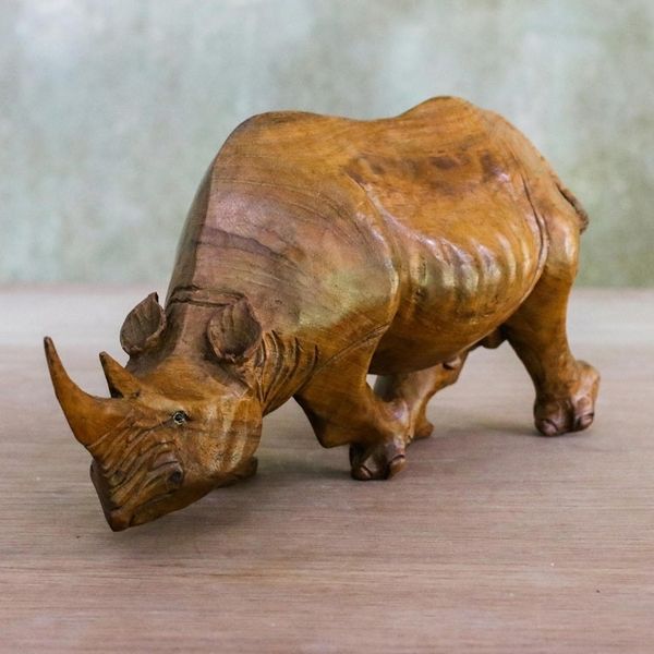 Alternate image for Artisan Crafted Raintree Wood Rhino Sculpture Observant Rhino