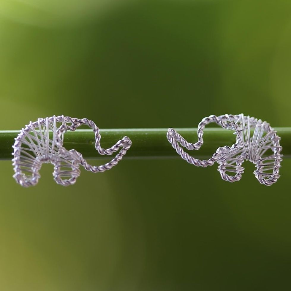 Artisan Crafted Sterling Silver Elephant Button Earrings 'Elephant Wrap'
