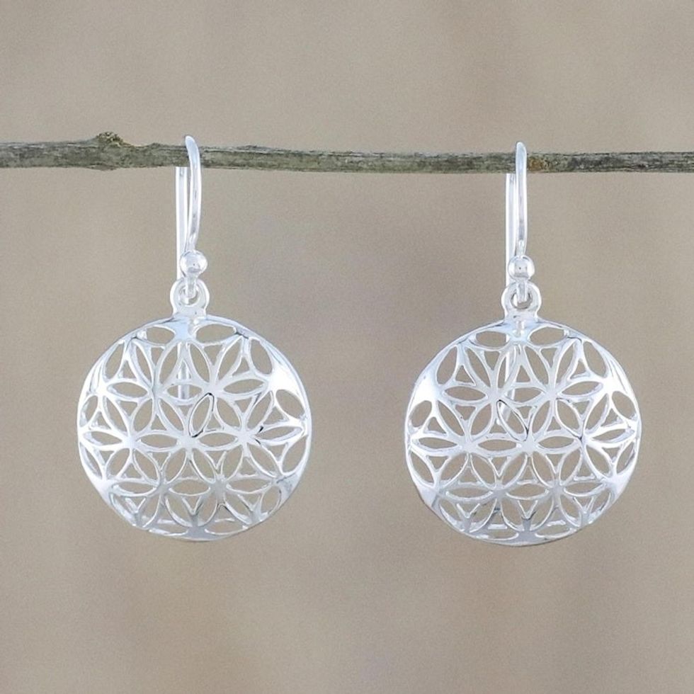 Thai Artisan Sterling Silver Floral Motif Dangle Earrings 'Full Bloom'