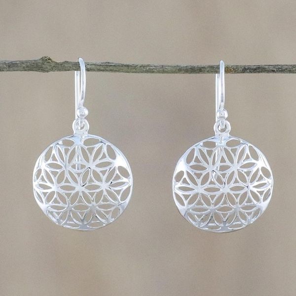 Alternate image for Thai Artisan Sterling Silver Floral Motif Dangle Earrings Full Bloom