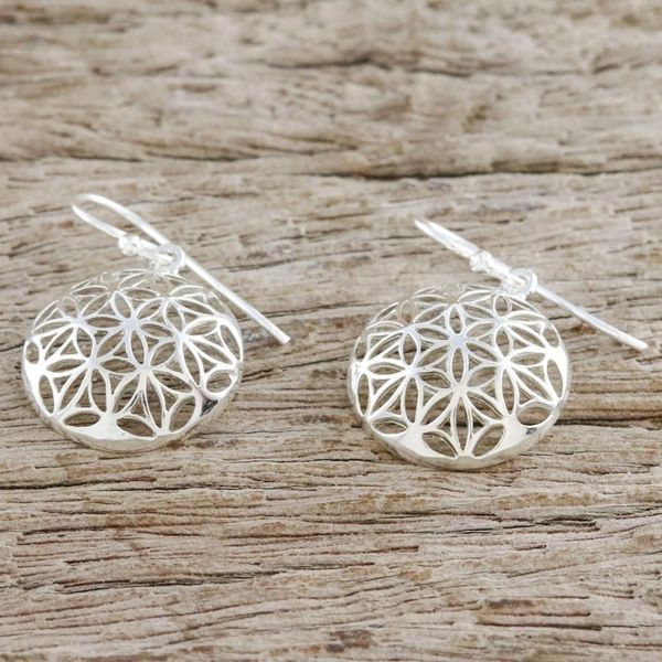 Alternate image for Thai Artisan Sterling Silver Floral Motif Dangle Earrings Full Bloom