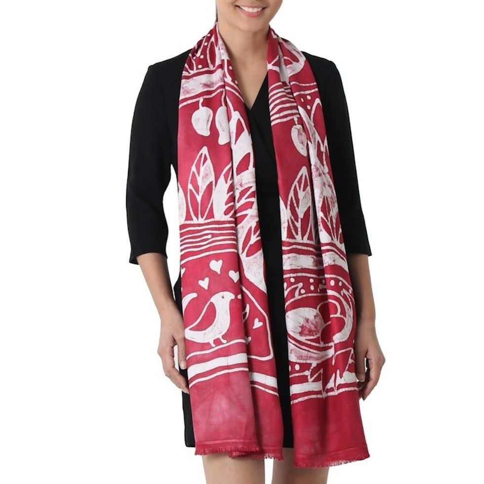 Batik Painted Bird Rayon Scarf in Cherry from Thailand 'Bird Home in Cherry'