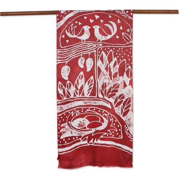 Alternate image for Batik Painted Bird Rayon Scarf in Cherry from Thailand Bird Home in Cherry