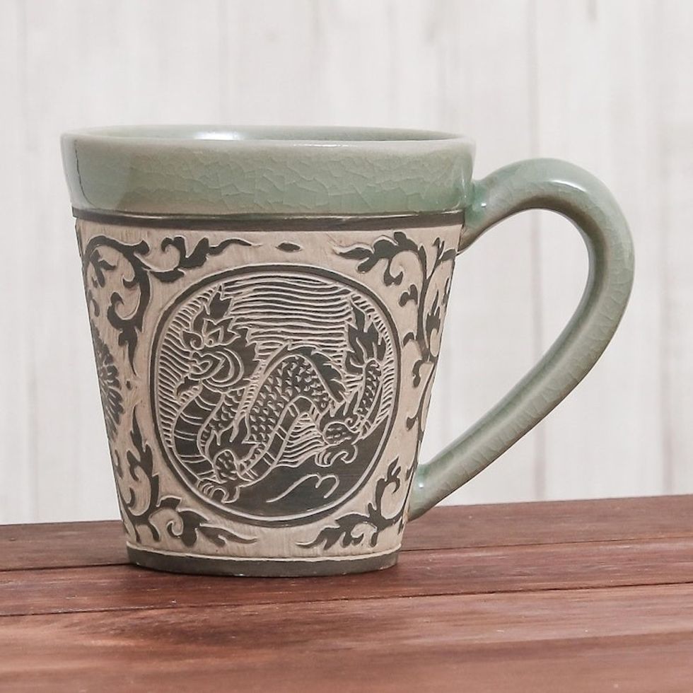 Celadon Glazed Ceramic Mug with Dragon from Thailand 'Thai Zodiac Dragon'