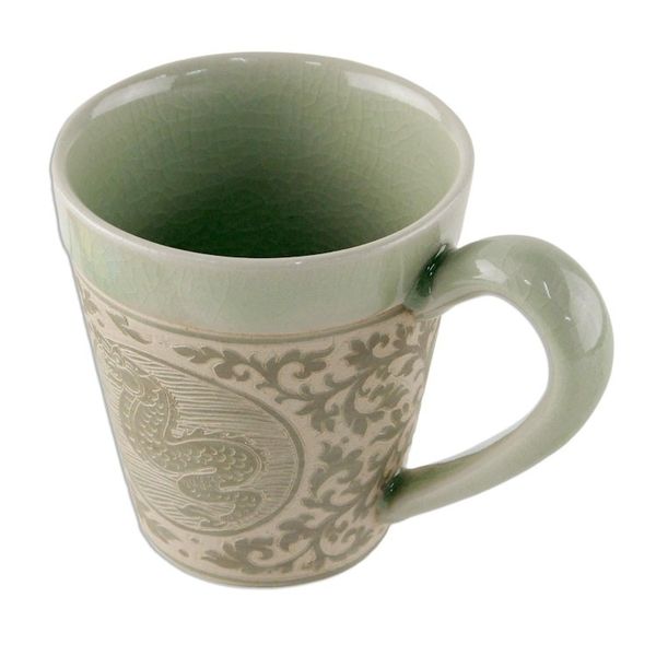 Alternate image for Celadon Glazed Ceramic Mug with Dragon from Thailand Thai Zodiac Dragon