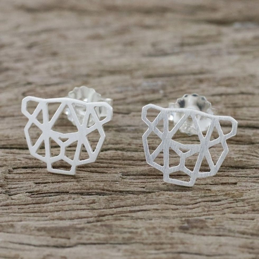Handmade 925 Sterling Silver Cheetah Stud Earrings Thailand 'Cheetah Face'
