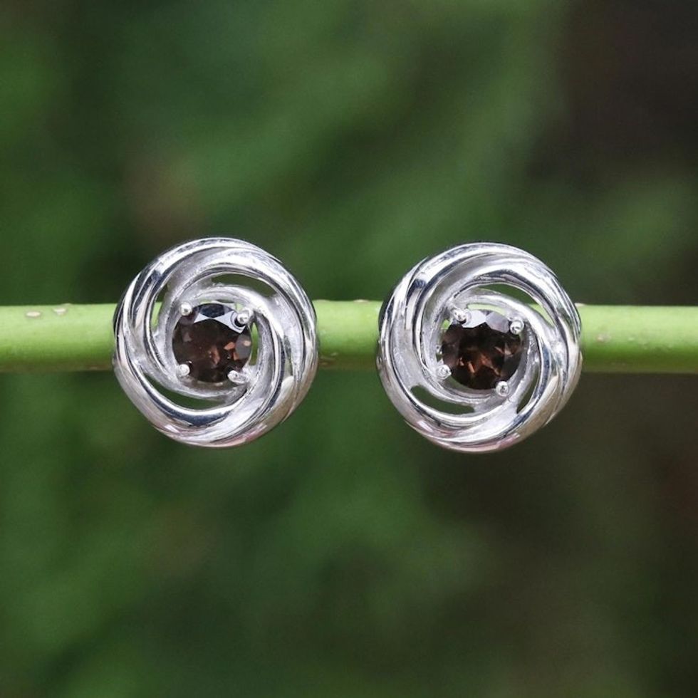 Sterling Silver Smoky Quartz Earrings Bathed in Rhodium 'Cyclones'