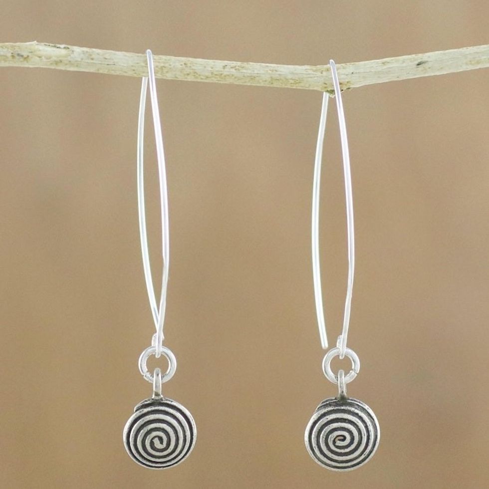Karen Silver Spiral Motif Dangle Earrings from Thailand 'Karen Trance'