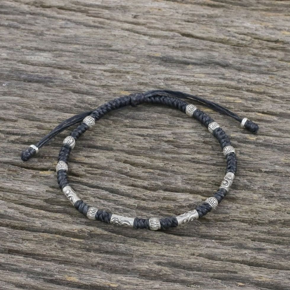 Hill Tribe Style 950 Silver And Black Cord Bracelet 'True Balance in Black'