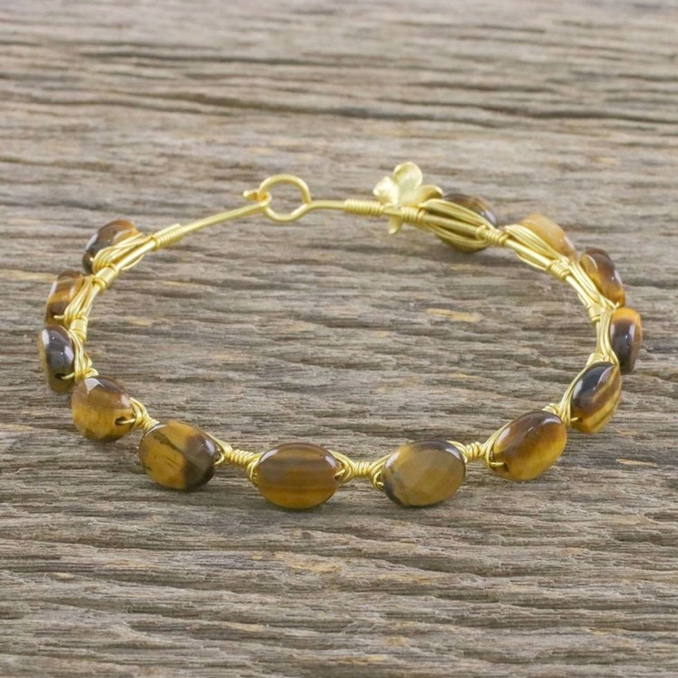 18k Gold Plated Tiger's Eye Bangle Bracelet from Thailand 'Romantic Fling'