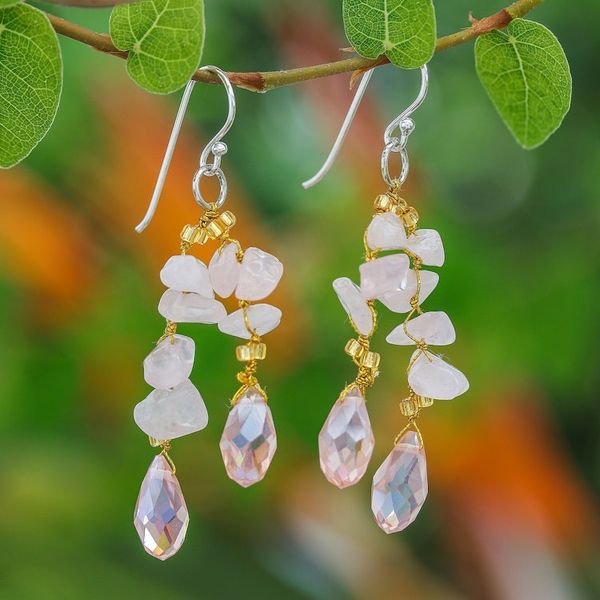 Alternate image for Rose Quartz and Glass Bead Dangle Earrings from Thailand Crystalline Drops