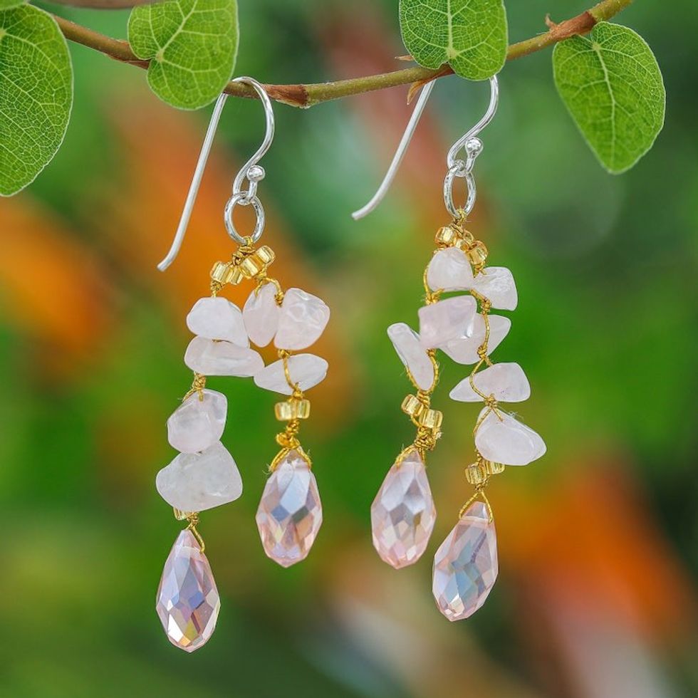 Rose Quartz and Glass Bead Dangle Earrings from Thailand 'Crystalline Drops'