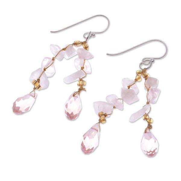 Alternate image for Rose Quartz and Glass Bead Dangle Earrings from Thailand Crystalline Drops