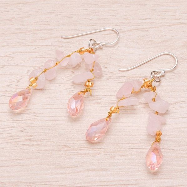 Alternate image for Rose Quartz and Glass Bead Dangle Earrings from Thailand Crystalline Drops