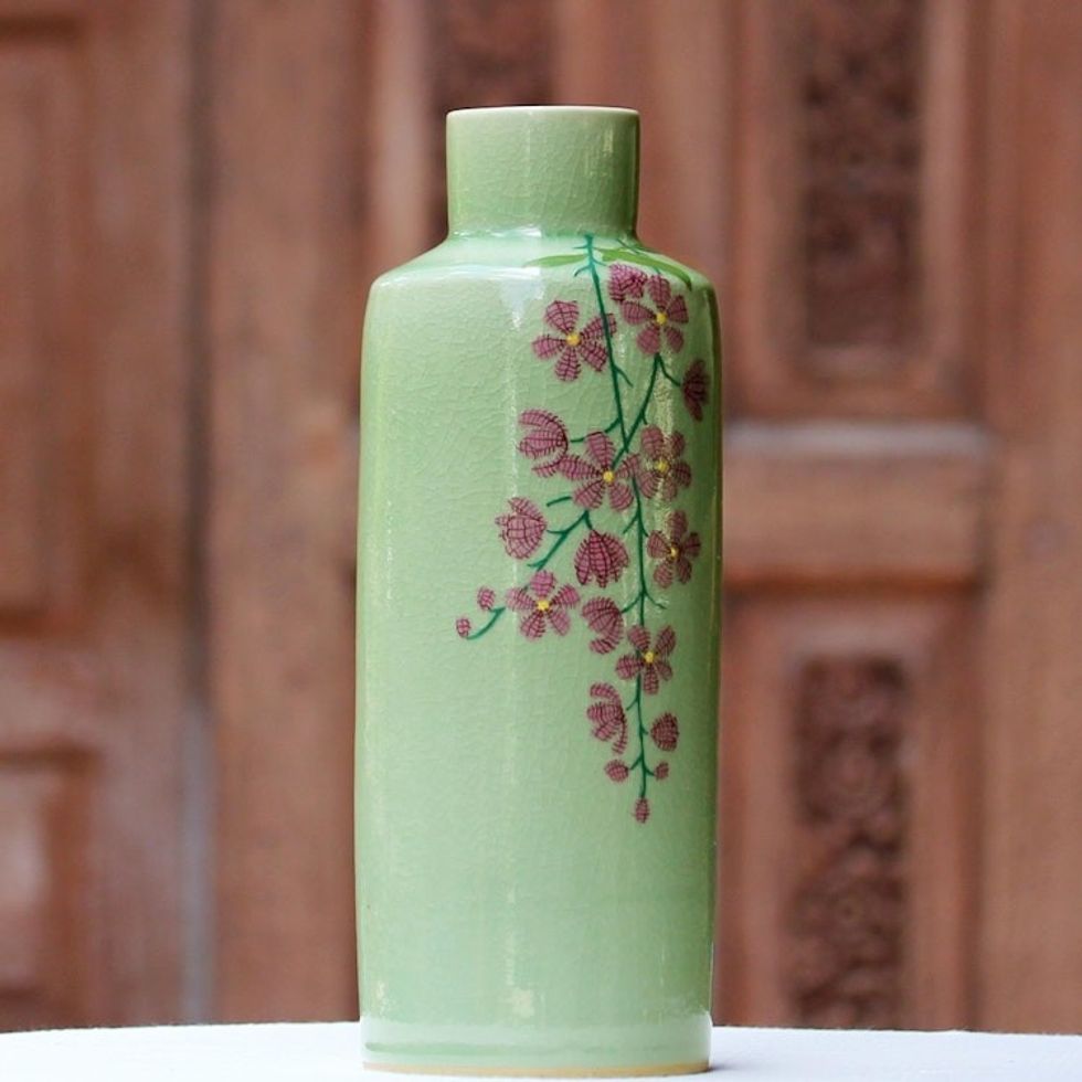 Hand Crafted Celadon Ceramic Floral Vase from Thailand 'Around the Garden'