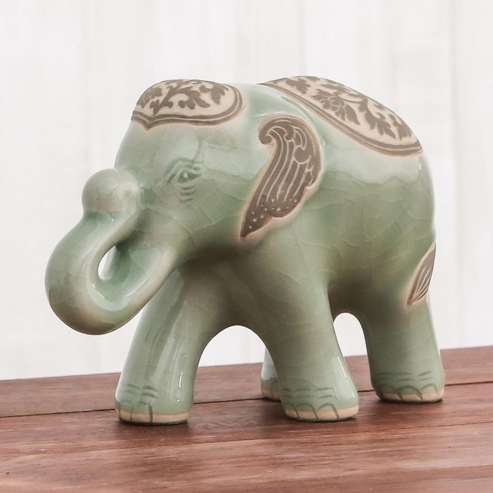 Celadon Ceramic Sculpture of an Elephant from Thailand 'Prestigious Elephant in Olive'