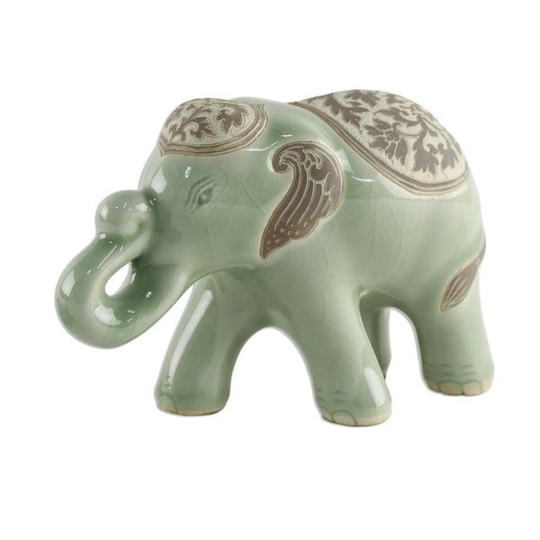 Alternate image for Celadon Ceramic Sculpture of an Elephant from Thailand Prestigious Elephant in Olive