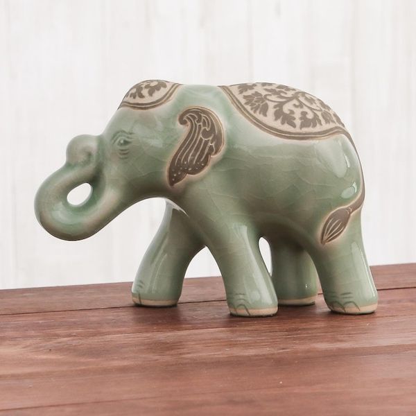 Alternate image for Celadon Ceramic Sculpture of an Elephant from Thailand Prestigious Elephant in Olive