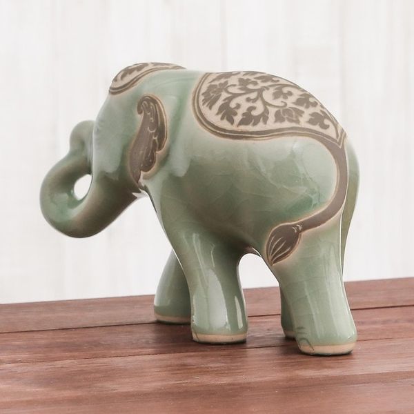 Alternate image for Celadon Ceramic Sculpture of an Elephant from Thailand Prestigious Elephant in Olive