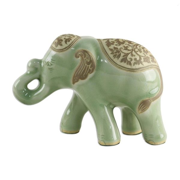 Alternate image for Celadon Ceramic Sculpture of an Elephant from Thailand Prestigious Elephant in Olive