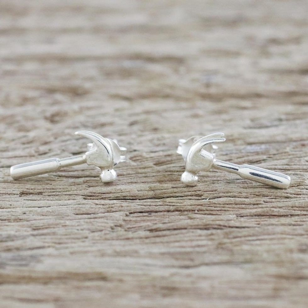 Handcrafted Sterling Silver Drop Earrings from Thailand 'Silver Hammers'
