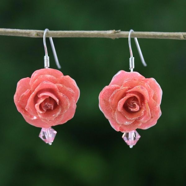 Alternate image for Natural Rose Dangle Earrings in Pink from Thailand Floral Temptation in Pink