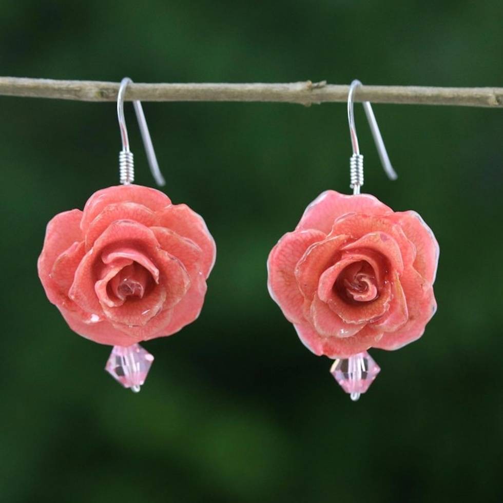 Natural Rose Dangle Earrings in Pink from Thailand 'Floral Temptation in Pink'