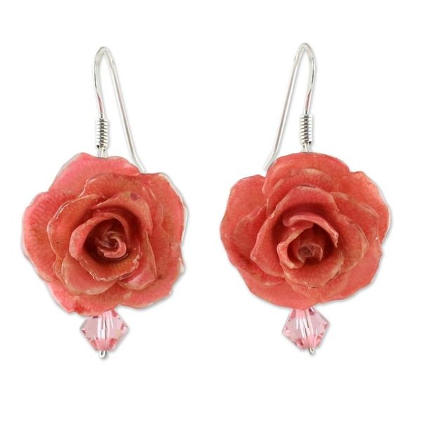 Alternate image for Natural Rose Dangle Earrings in Pink from Thailand Floral Temptation in Pink