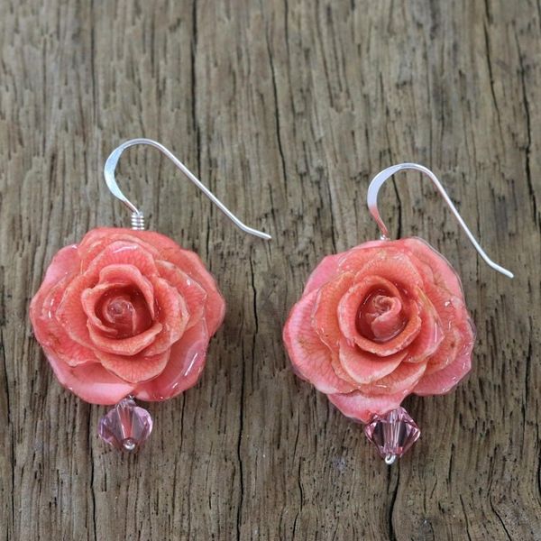Alternate image for Natural Rose Dangle Earrings in Pink from Thailand Floral Temptation in Pink