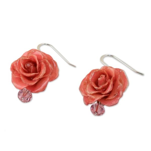 Alternate image for Natural Rose Dangle Earrings in Pink from Thailand Floral Temptation in Pink