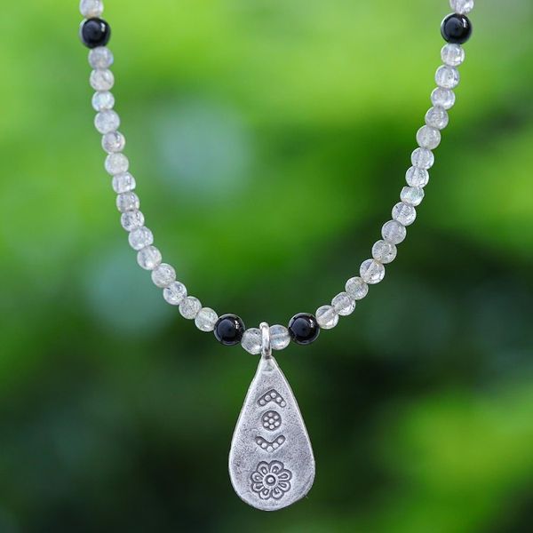 Alternate image for Labradorite and Onyx Pendant Necklace from Thailand Charming Flower