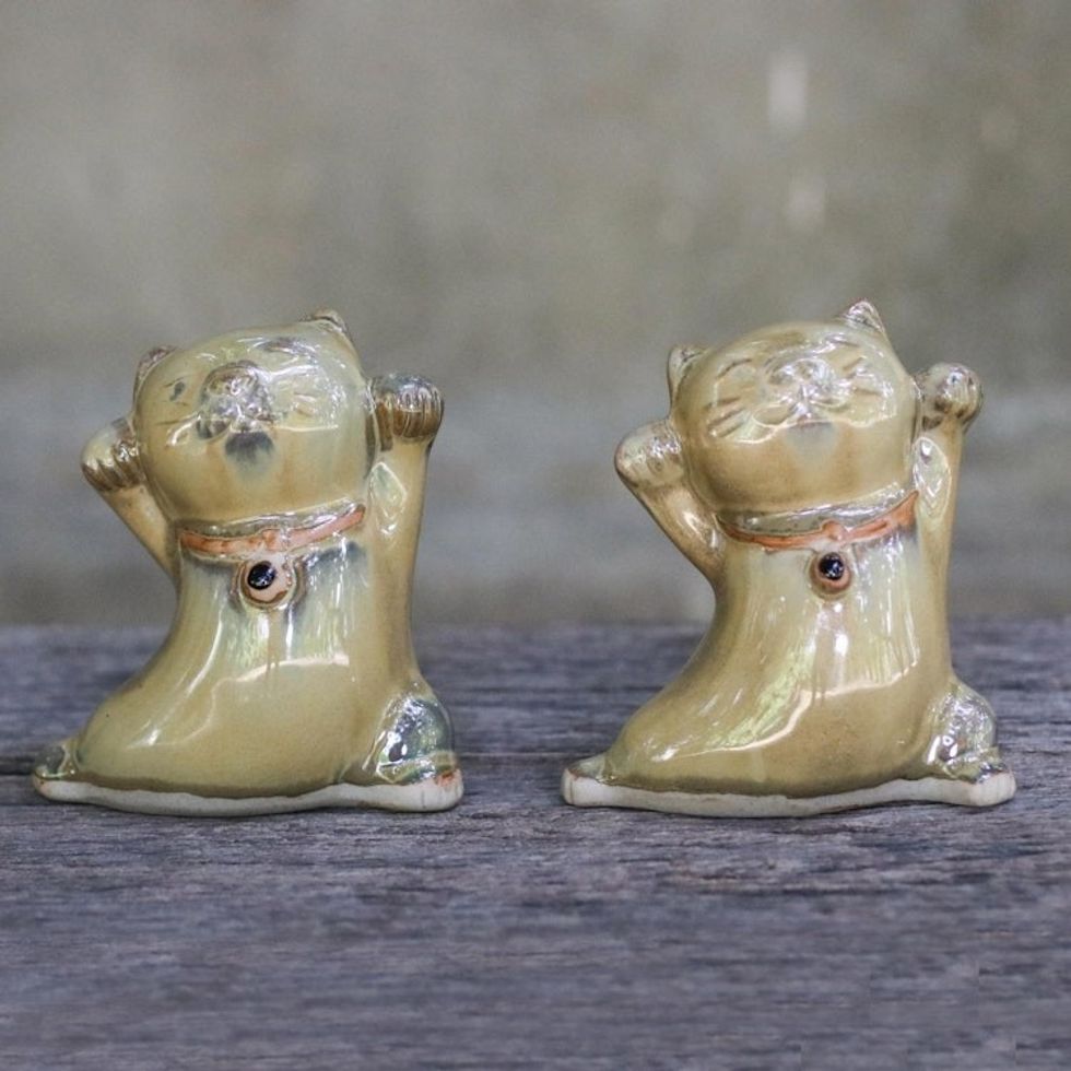 2 Yellow Ceramic Lucky Cat Figurines Crafted in Thailand 'Playful Good Luck Cats'