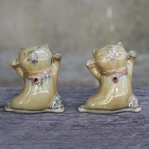 Alternate image for 2 Yellow Ceramic Lucky Cat Figurines Crafted in Thailand Playful Good Luck Cats