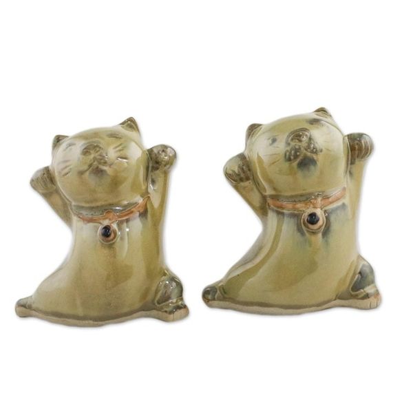 Alternate image for 2 Yellow Ceramic Lucky Cat Figurines Crafted in Thailand Playful Good Luck Cats