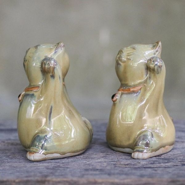 Alternate image for 2 Yellow Ceramic Lucky Cat Figurines Crafted in Thailand Playful Good Luck Cats