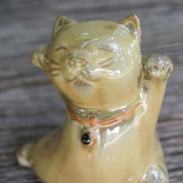 Alternate image for 2 Yellow Ceramic Lucky Cat Figurines Crafted in Thailand Playful Good Luck Cats